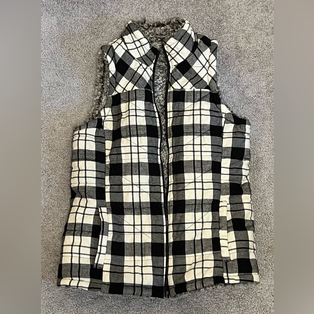 Plaid and Sherpa reversible vest